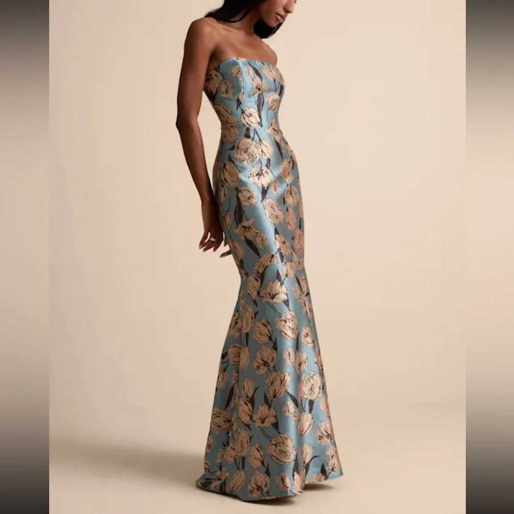 Gowning Around Slate Blue Floral Jacquard Strapless Maxi Dress - Picture 4 of 9